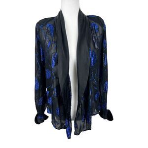 Vintage Lisa & Scott Blazer Women 4 Black Blue Metallic Open Front Party Outer